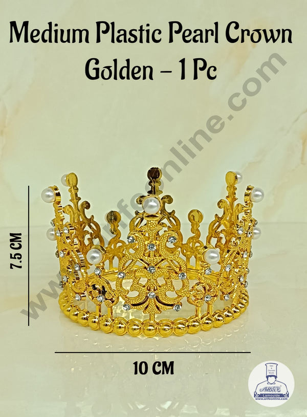 CAKE DECOR™ Medium Plastic Pearl Crown Topper For Cake And Cupcake Decorations - Gold