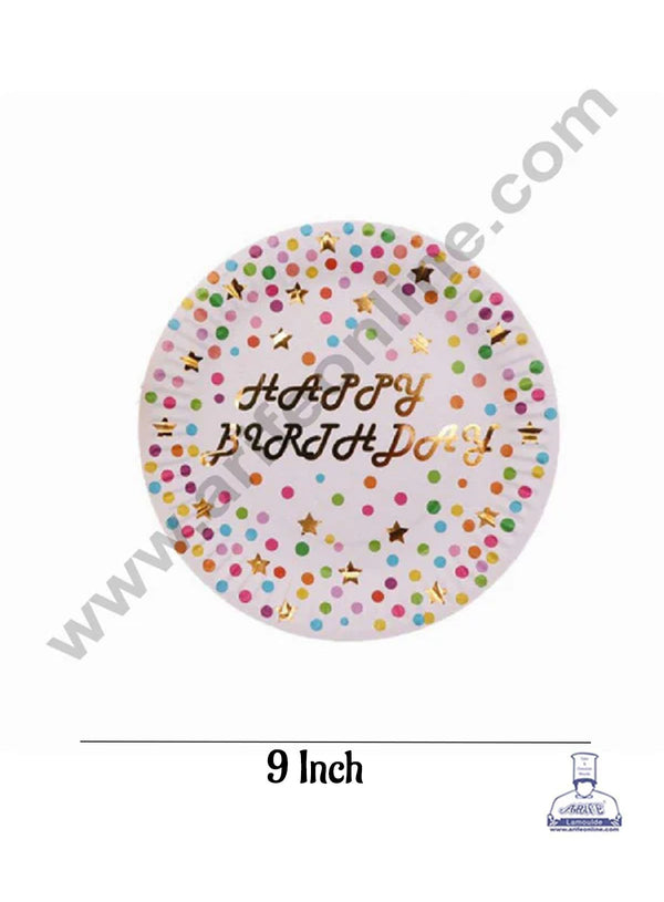 CAKE DECOR™ 9 inch Happy Birthday with Multi Color Dots Paper Plates | Disposable Plates | Birthday | Party | Occasions | Round Plates - Pack of 10