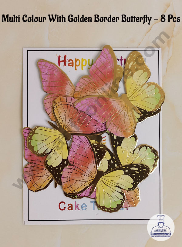 CAKE DECOR™ 8 Pcs Multi Colour Butterfly With Golden Border Paper Topper For Cake And Cupcake