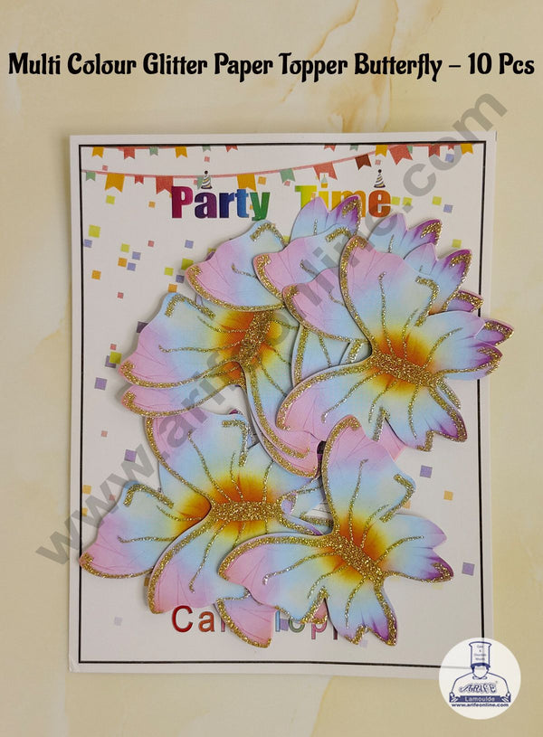 CAKE DECOR™ 10 Pcs Multi Colour Glitter Butterfly Paper Topper For Cake And Cupcake Decoration