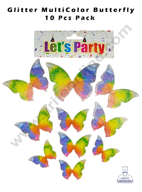 CAKE DECOR™ 10 pcs Let's Party Glitter Multicolor Butterfly Paper Topper For Cake And Cupcake