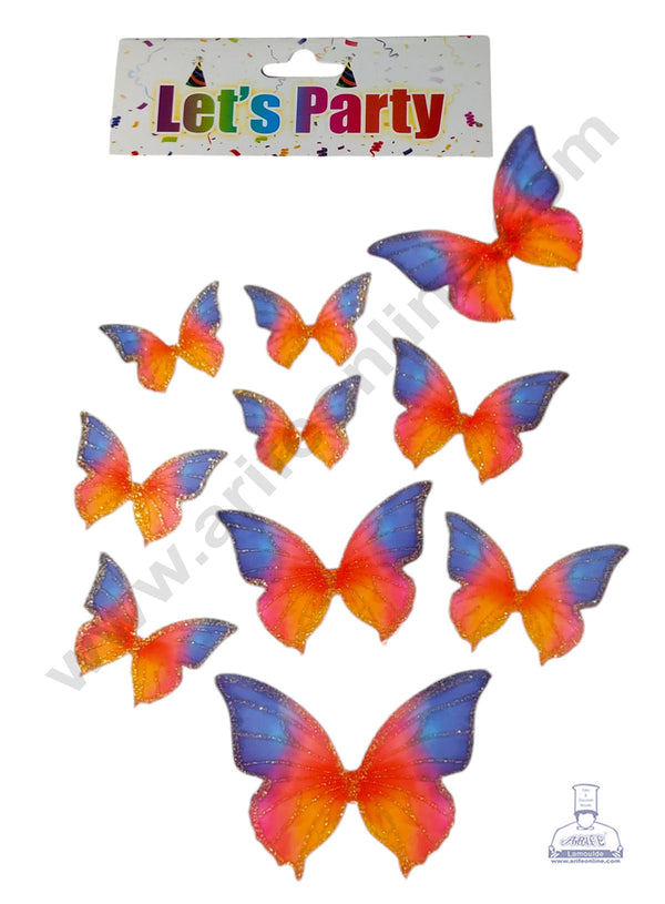 CAKE DECOR™ 10 Pcs Let's Party Orange Shade With Blue Tips Glitter Butterfly Paper Topper For Cake And Cupcake