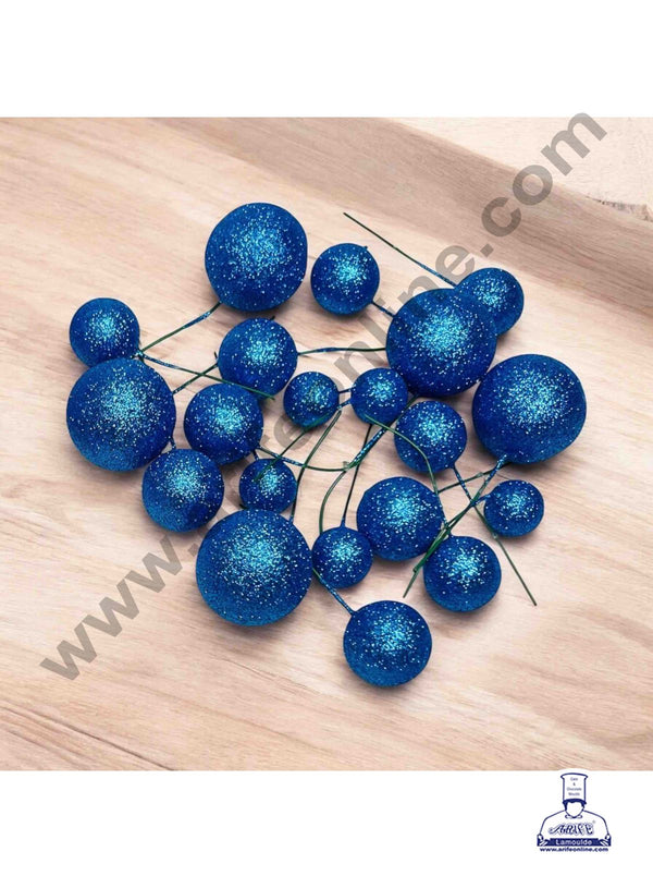Cake Decor Blue Glitter Faux Ball Toppers For Cake and Cupcake Decoration - (20pcs Pack)
