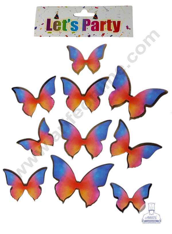 CAKE DECOR™ 10 Pcs Let's Party Orange Shade & Blue Tips With Golden Outlines Butterfly Paper Topper For Cake And Cupcake