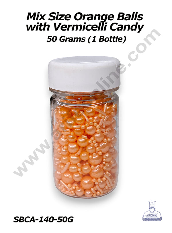CAKE DECOR™ Sugar Candy – Mix Size Orange Balls with Vermicelli Candy – 50 gm