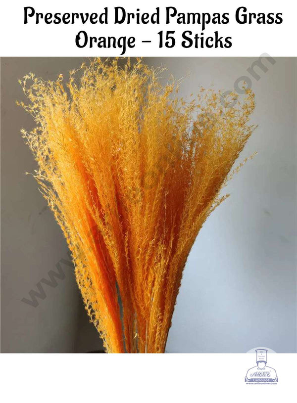 CAKE DECOR™ Orange Color Preserved Dried Pampas Grass For Cake Decoration Bouquet Wedding Party Centerpieces Decorative – Orange (15 Sticks)