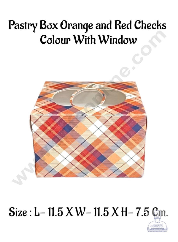 CAKE DECOR™ Pastry Box Orange And Red Checks  Colour With Window (Pack of 10 Pcs)