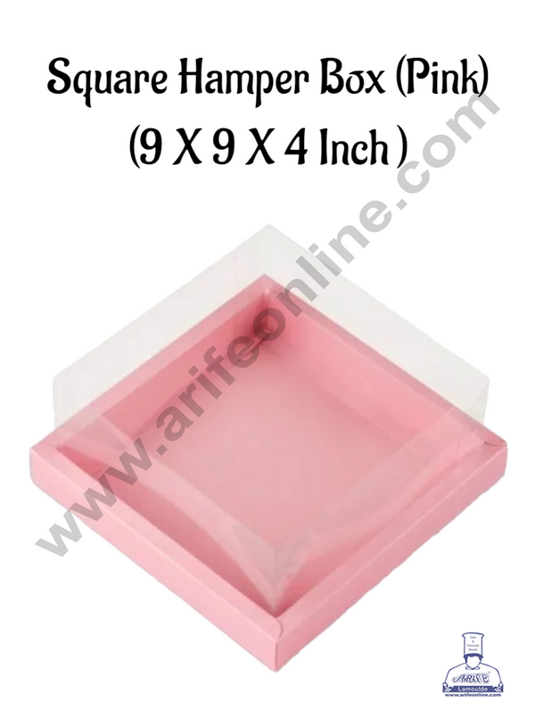 CAKE DECOR™ Square Hamper Box In Pink Colour With Transparent Lid | Gift Box | Present Box - (1 Pcs)