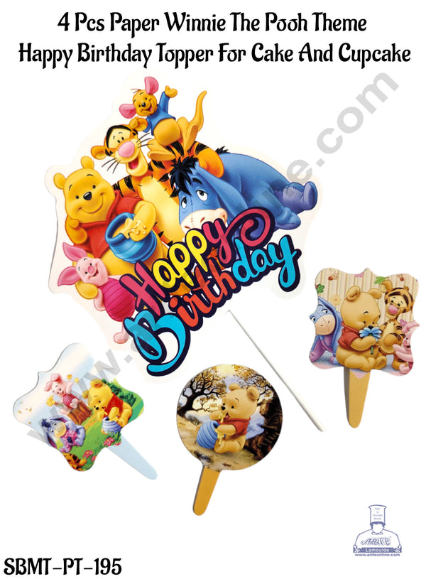 CAKE DECOR™ 4 Pcs Paper Winnie The Pooh Theme Happy Birthday Topper For Cake And Cupcake