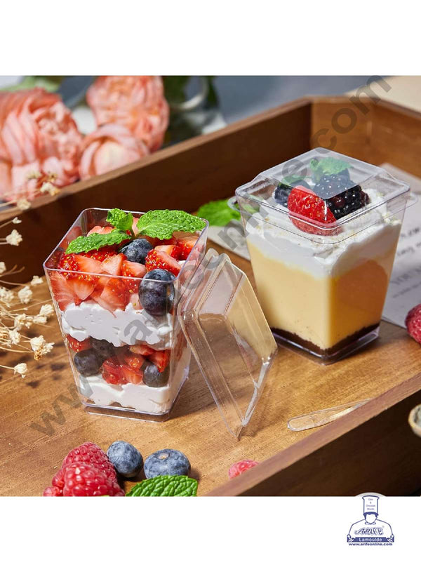 CAKE DECOR™ Square Cylindrical Transparent Acrylic Mousse Cup With Lid | Pudding Cup | Parfait Cup (10 Pcs Pack)