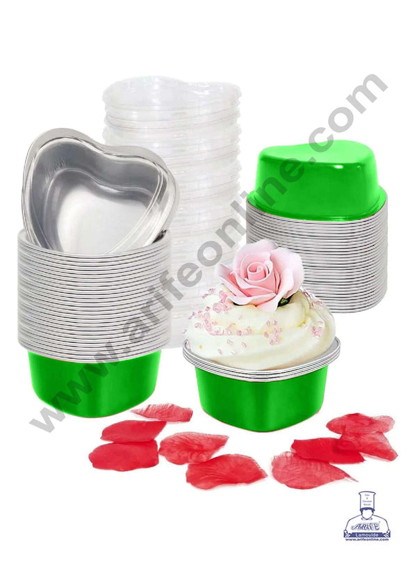 CAKE DECOR™ Heart Shape Aluminium Tin Foil Bake & Serve Cup with Lid | Aluminium Containers | Non-Stick Foil Baking Cups - Green (3 pcs Pack)
