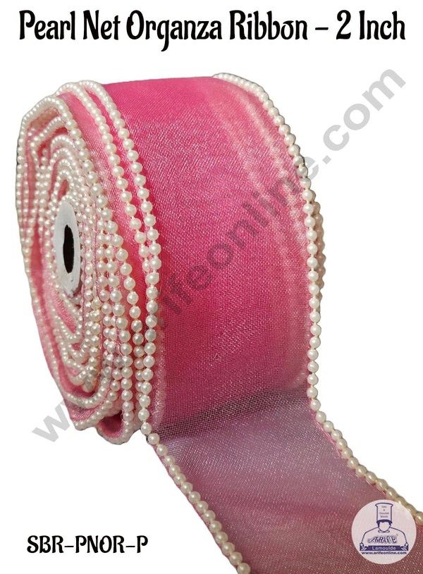 CAKE DECOR™ Pearl Net Organza Pink Ribbon -2 Inch (8 Meter) | Sheer Ribbon | Gift Wrapping | Decoration