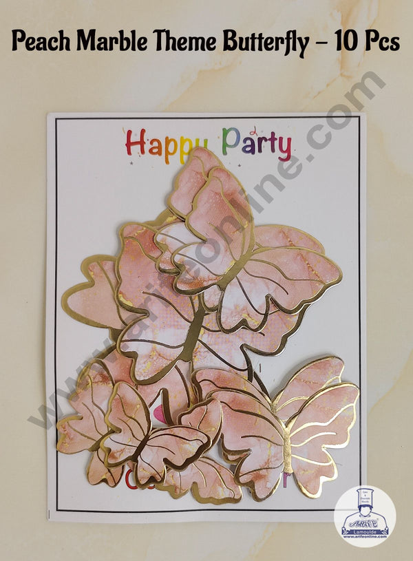 CAKE DECOR™ 10 Pcs Peach Marble Theme Butterfly With Golden Border Paper Topper For Cake And Cupcake