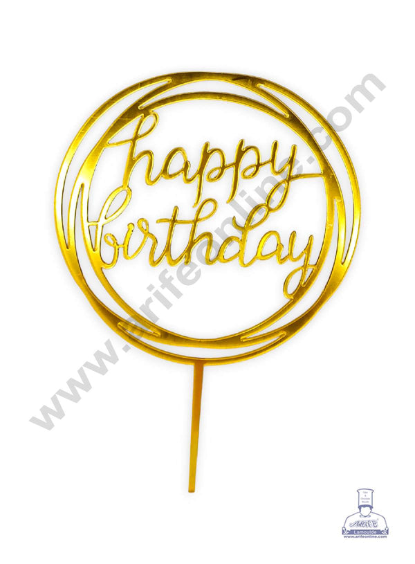 CAKE DECOR™ Gold Mirror Finishing Acrylic Happy Birthday in Round Rings Frame Cake Topper SBMT-N-026