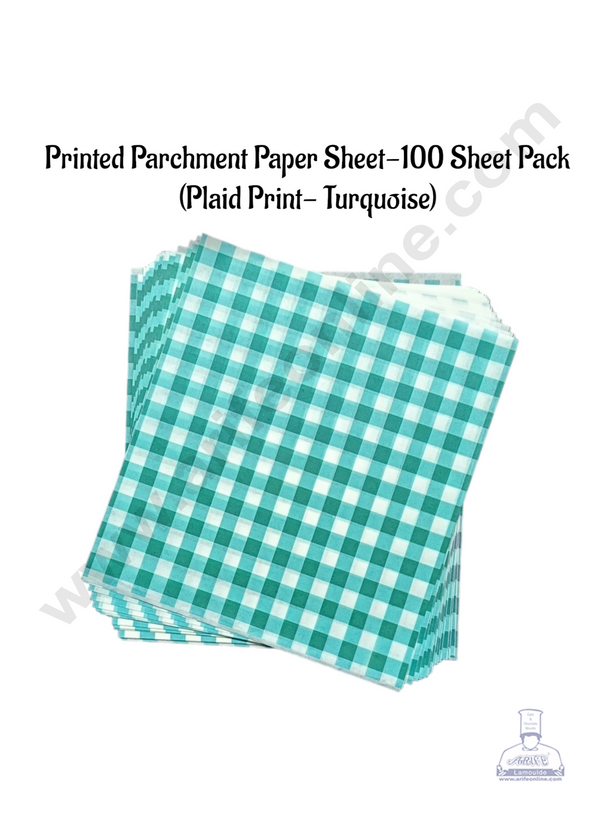 CAKE DECOR™ Printed Parchment Paper | Bento Box Liner | Grease Proof Paper | Wrap Paper - Turquoise Checks/Plaid Print (100 Sheets)