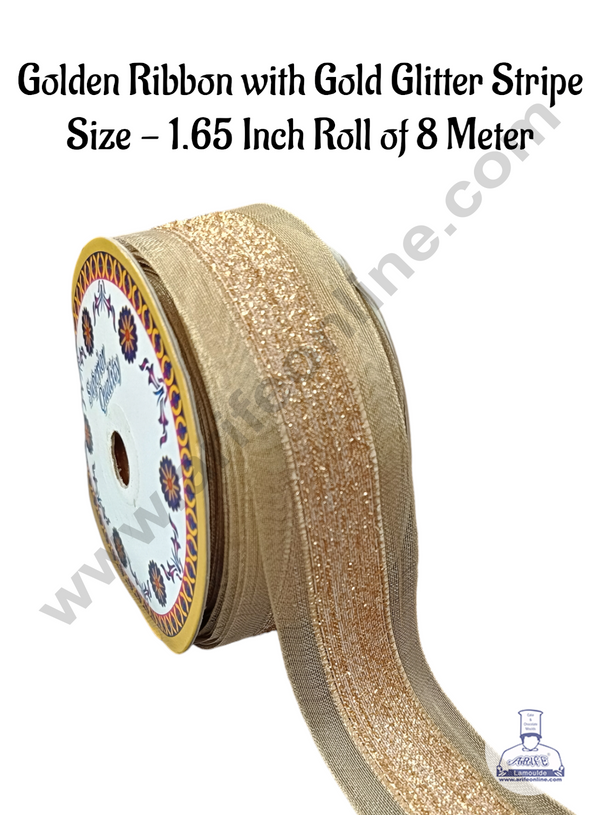 CAKE DECOR™ Golden Ribbon with Gold Glitter Stripe 1.65 Inch (8 Meter) | Sheer Ribbon | Gift Wrapping | Decoration