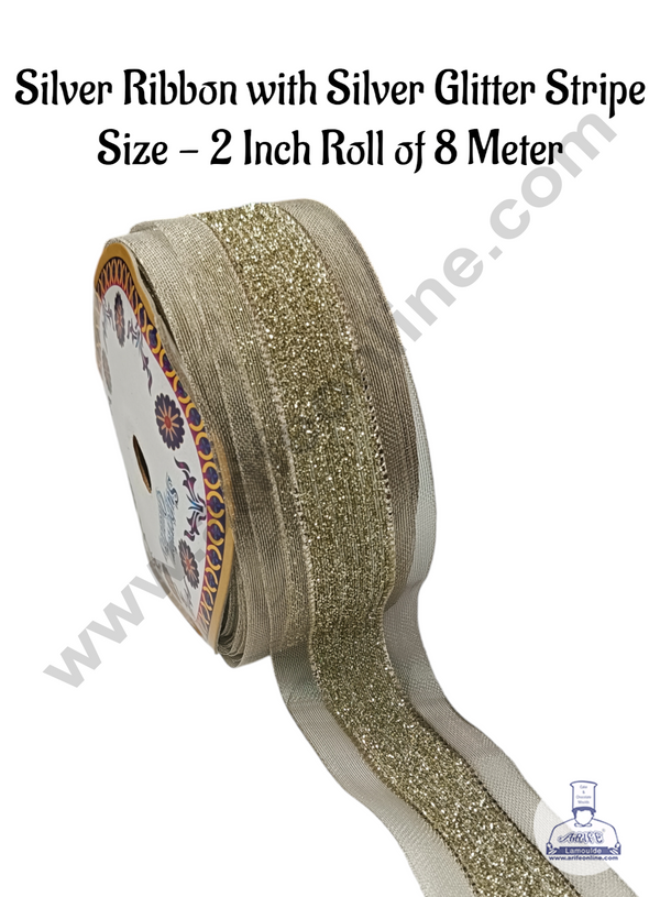 CAKE DECOR™ Silver Ribbon with Silver Glitter Stripe 2 Inch (8 Meter) | Sheer Ribbon | Gift Wrapping | Decoration