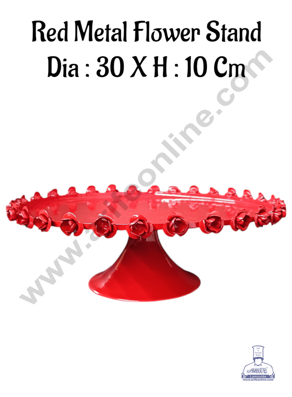 CAKE DECOR™ Red Metal Cake Stand with Metal Rose Border | Dessert Stand | Cupcake Stand