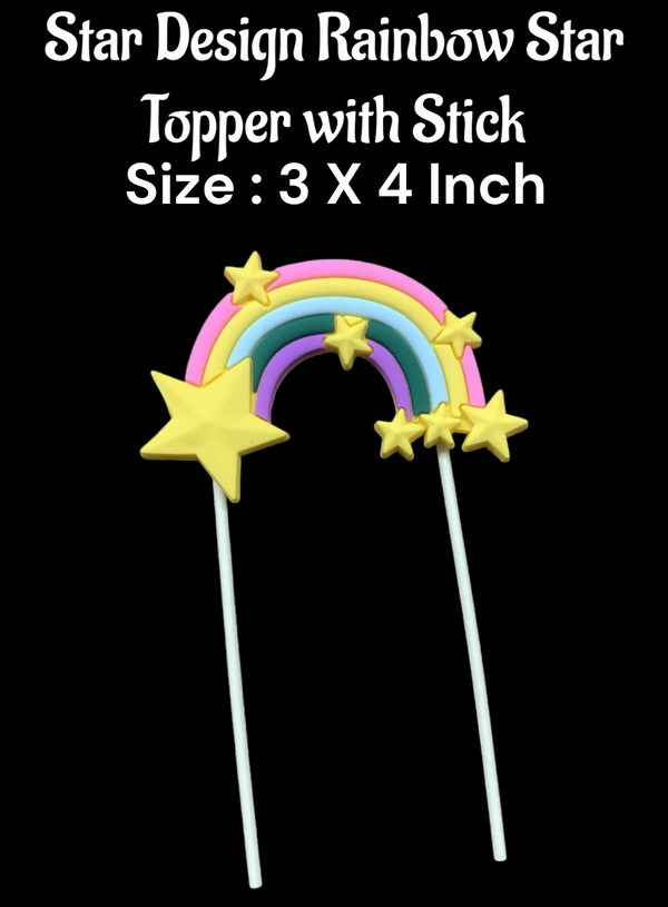 CAKE DECOR™ 1 Piece Yellow Star Design Rainbow Cloud Topper with Stick | Cake Toppers - 3 X 4 Inch