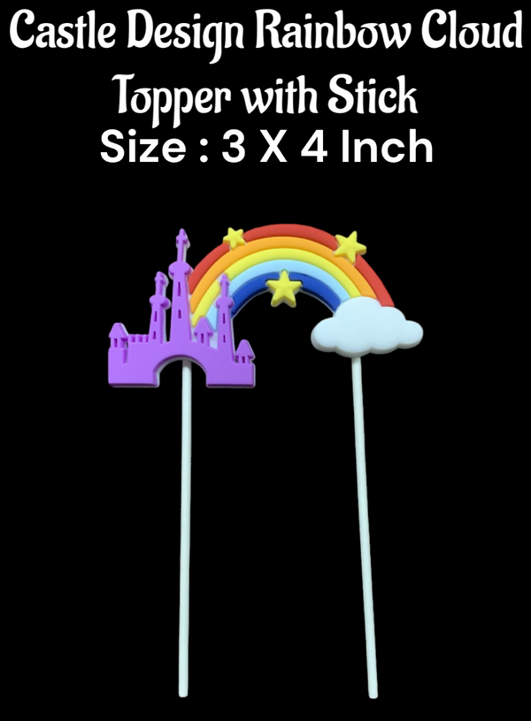 CAKE DECOR™ 1 Piece Castle Design Rainbow Cloud Topper with Stick | Cake Toppers - 3 X 4 Inch