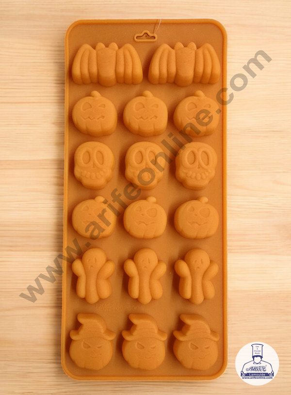 CAKE DECOR™ 17 Cavity Mini Skull Bat pumpkins ghosts Silicon Chocolate Mould Halloween Chocolate Jelly dessert Mould