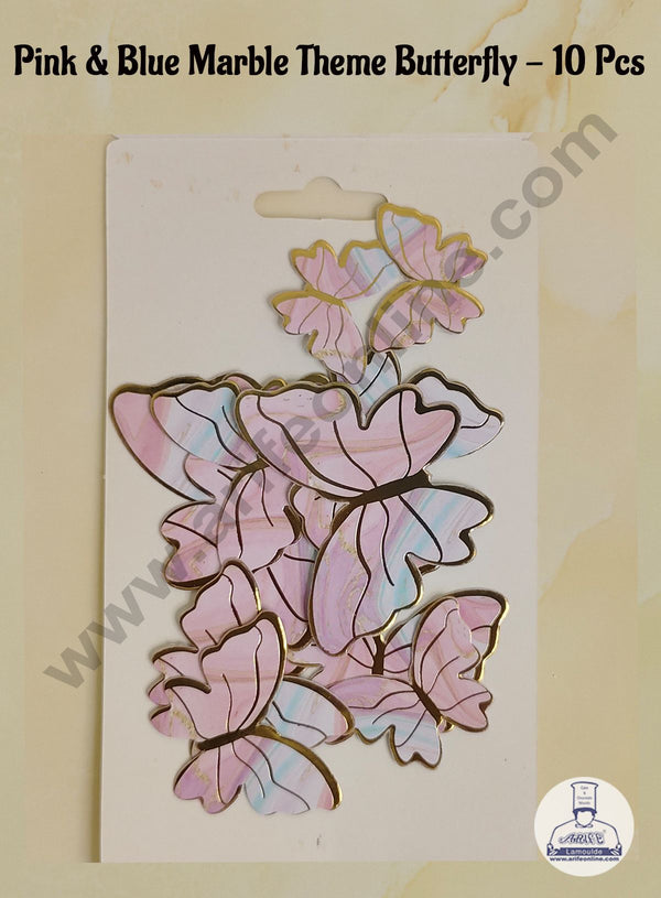 CAKE DECOR™ 10 Pcs Pink & Blue Marble Theme Butterfly With Golden Border Paper Topper For Cake And Cupcake