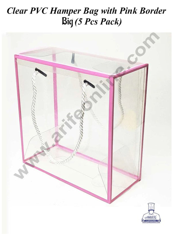 CAKE DECOR™ Big Clear PVC Hamper Bag with Pink Border | Gift Box | Gift Bag with Handle (5 Pcs Pack)