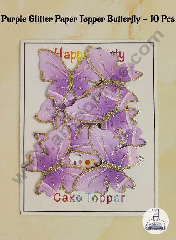 CAKE DECOR™ 10 Pcs Purple Glitter Colour Butterfly Paper Topper For Cake And Cupcake Decoration