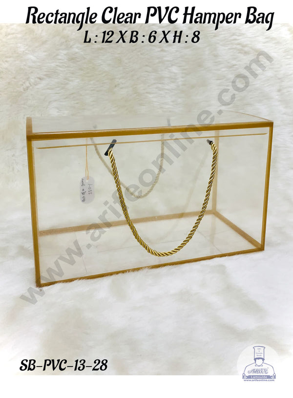 CAKE DECOR™ Rectangle Clear PVC Hamper Bag with Golden Border - 12 X 6X 8 Inch | Gift Box | Gift Bag with Handle (5 Pcs Pack)