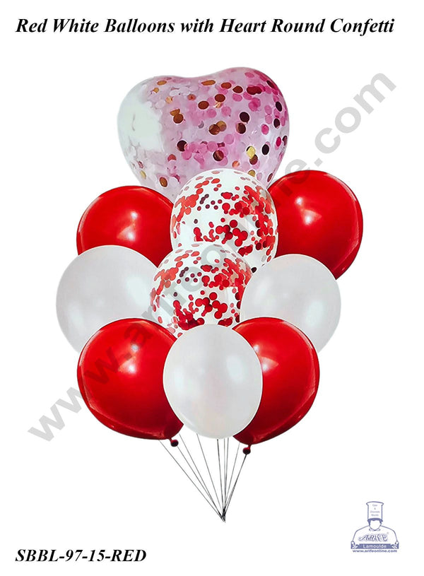 Cake Decor™ Red White Balloons wit Heart Round Confetti Balloons Set ( Pack of 10 Pcs )