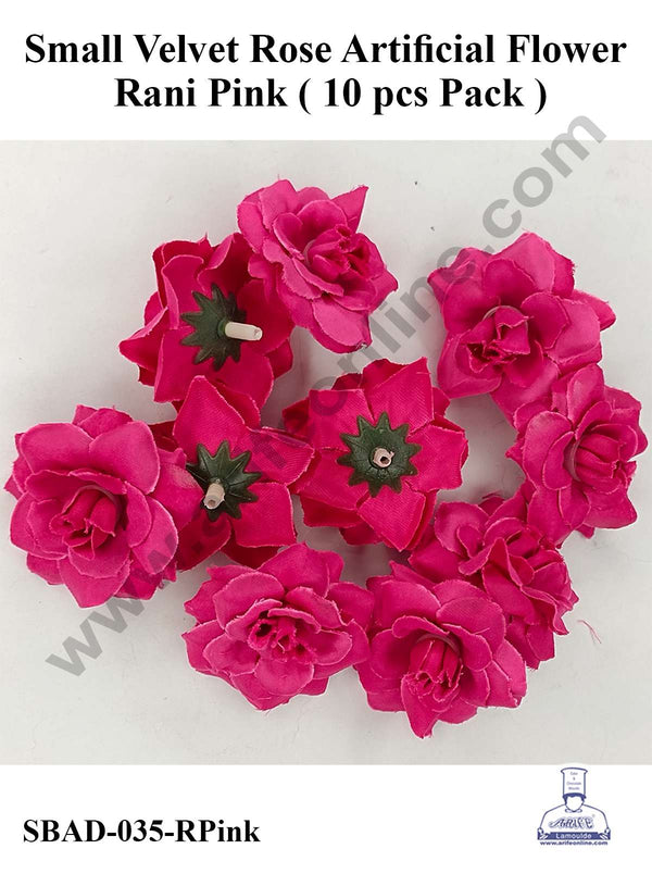 CAKE DECOR™ Small Velvet Rose Artificial Flower For Cake Decoration – Rani Pink ( 10 pcs Pack )