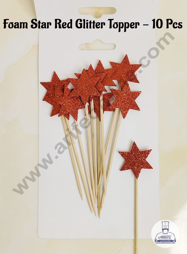 CAKE DECOR™ 10 Pcs Foam Star Red Glitter Topper For Cake And Cupcake Decoration