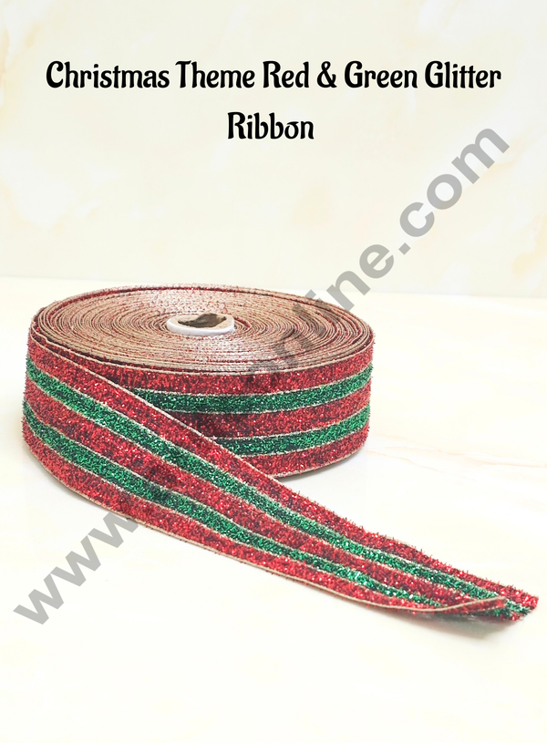 CAKE DECOR™ 1 Roll Christmas Theme Red & Green Glitter Ribbons | Gift Wrapping | Hamper Decoration