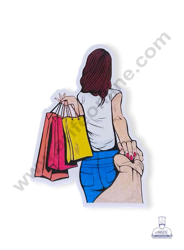 CAKE DECOR™ Edible Theme Topper Pre Cut Wafer Paper High Quality - lady with Shopping Bags Cake Topper - ( 1 pc Pack ) SB-EWP-55