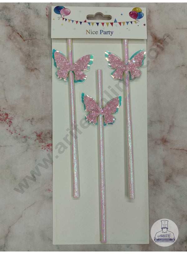 CAKE DECOR™ 3pcs Dual Shade Pink Blue Butterfly Straw Topper For Cake Decoration( SB-STRAW-336-PB )