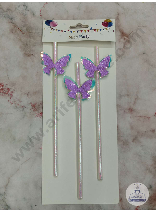 CAKE DECOR™ 3pcs Dual Shade Purple Blue Butterfly Straw Topper For Cake Decoration( SB-STRAW-336-PRB )