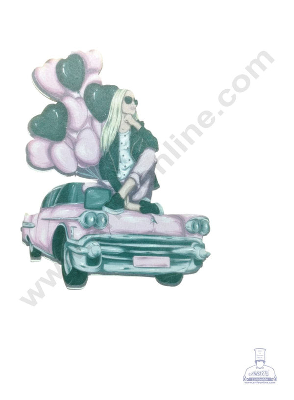 CAKE DECOR™ Edible Theme Topper Pre Cut Wafer Paper High Quality - Girl Sitting on Car with Balloons Cake Topper - ( 1 pc Pack ) SB-EWP-50