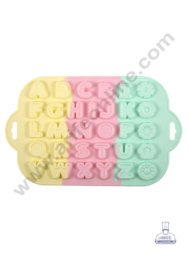 CAKE DECOR™ 26 Cavities Alphabets with mix flowers Button Theme Rainbow Silicone Mould Silicon Muffin Mold SB-ZU181