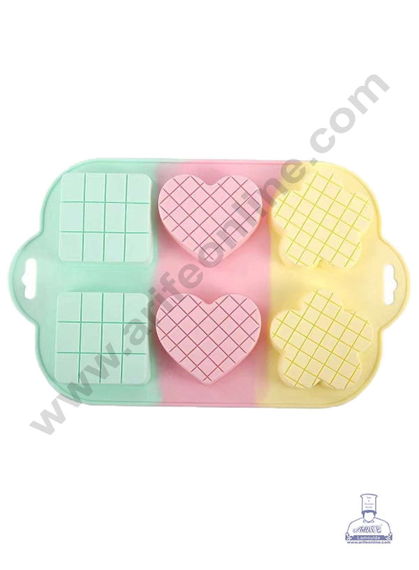 CAKE DECOR™ 6 Cavity Mix Heart, Square & Flower Shape Checks Texture Rainbow Silicone Mould Silicon Muffin Mold SB-ZU213