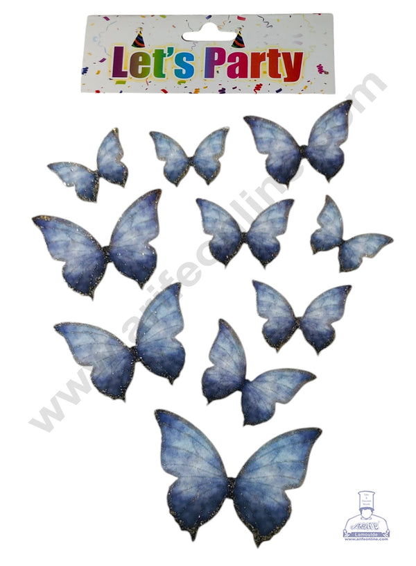 CAKE DECOR™ 10 Pcs Let's Party Sky Blue & Dark Blue Shade Glitter Butterfly Paper Topper For Cake And Cupcake