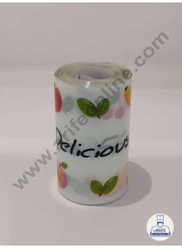 CAKE DECOR™ 8 cm Collars Acetate Sheet Roll Fruits with Delicious Fruit Cake Print Pull Me Cake Strips Chocolate Mousse Collar Surrounding Edge Decorating (8cm x 10m Roll) - Fruits with Delicious Fruit Cake Print