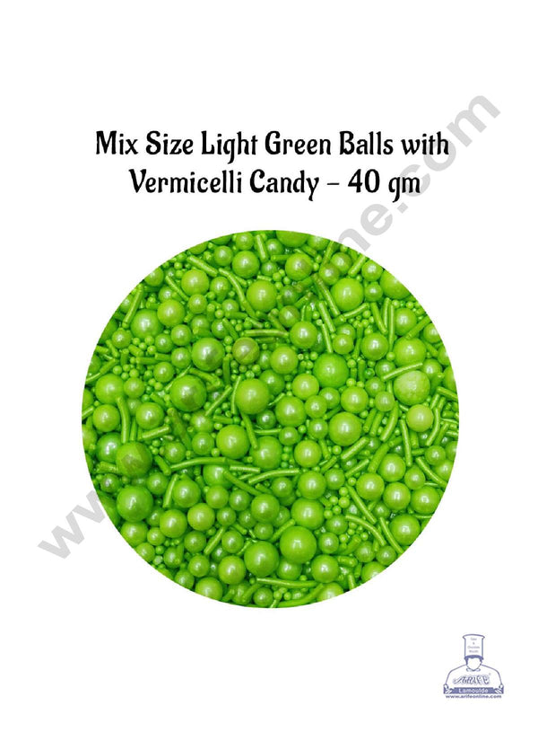 CAKE DECOR™ Sugar Candy – Mix Size Light Green Balls with Vermicelli Candy – 40 gm