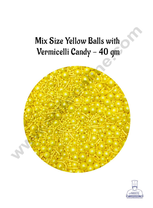 CAKE DECOR™ Sugar Candy – Mix Size Yellow Balls with Vermicelli Candy – 40 gm