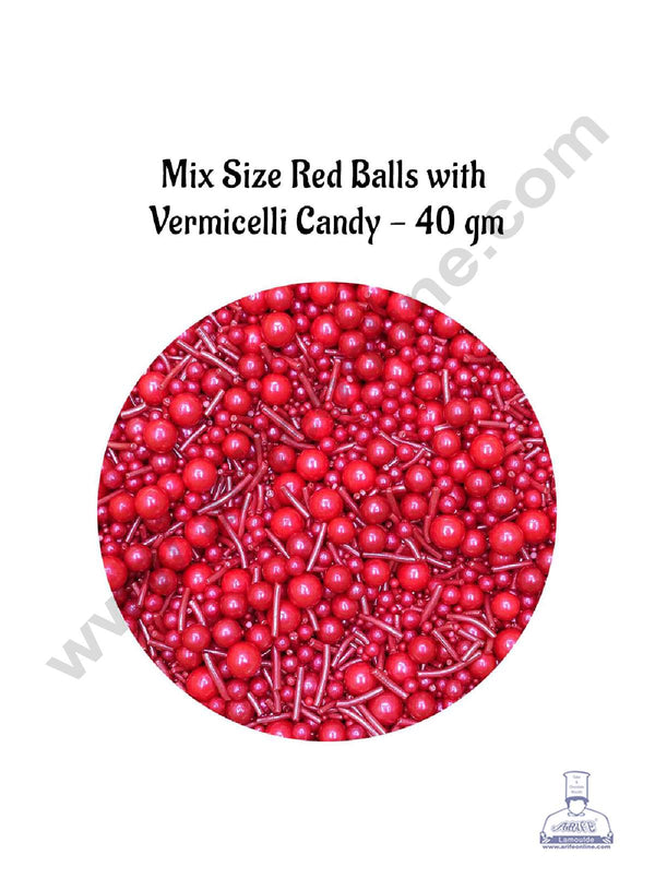 CAKE DECOR™ Sugar Candy – Mix Size Red Balls with Vermicelli Candy – 40 gm