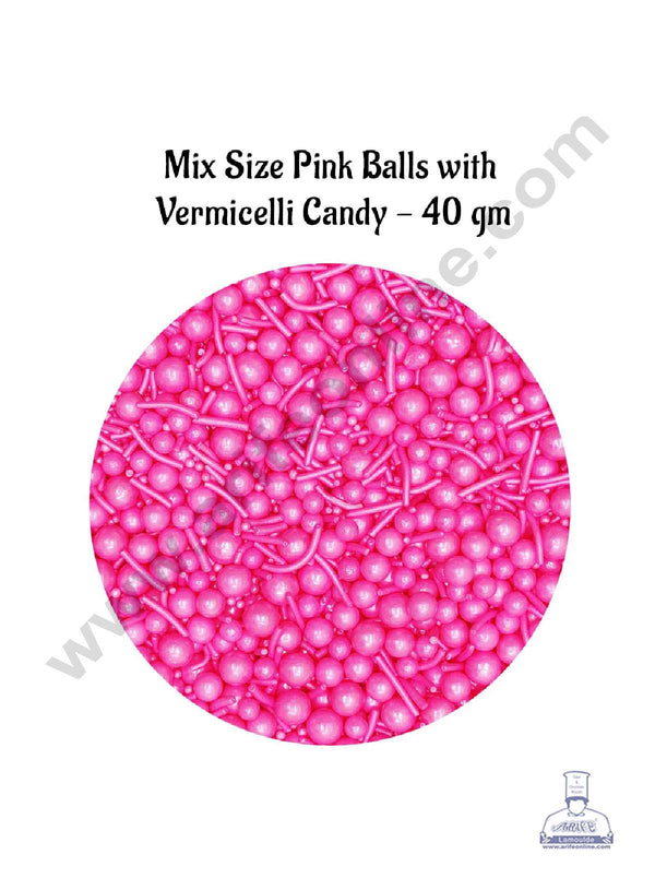 CAKE DECOR™ Sugar Candy – Mix Size Pink Balls with Vermicelli Candy – 40 gm