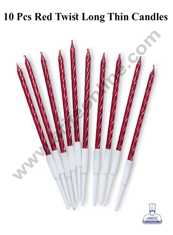 CAKE DECOR™ 10 pcs Red Twist Long Thin Candle for Cake and Cupcake Decorations