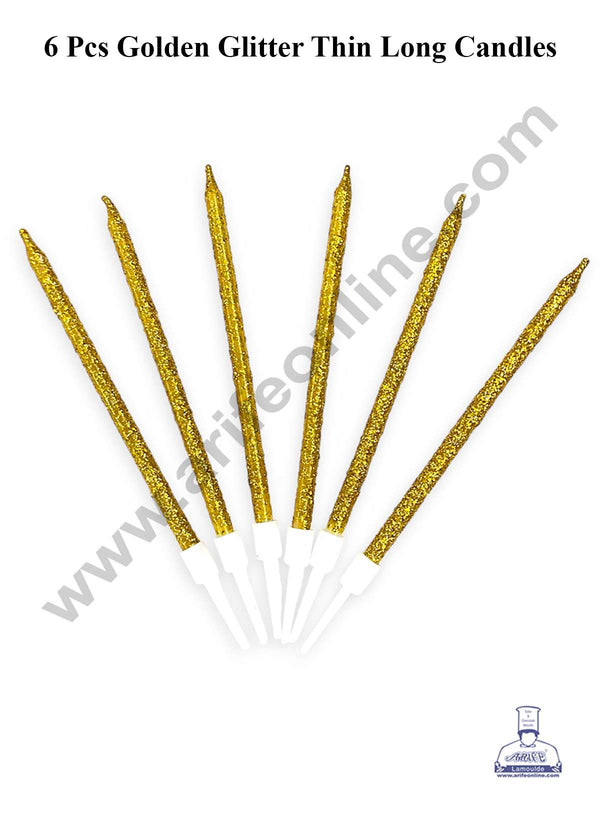 CAKE DECOR™ Golden Glitter Thin Long Candles with Stand for Cake & Cupcake Decoration (6 Pcs Set)