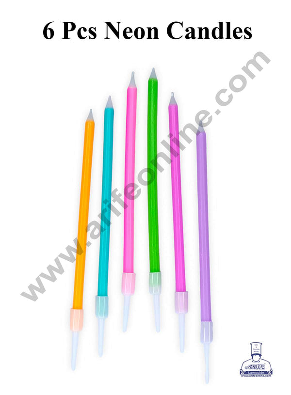 CAKE DECOR™ 6 Pcs Neon Long Thin Candle for Cake and Cupcake Decorations