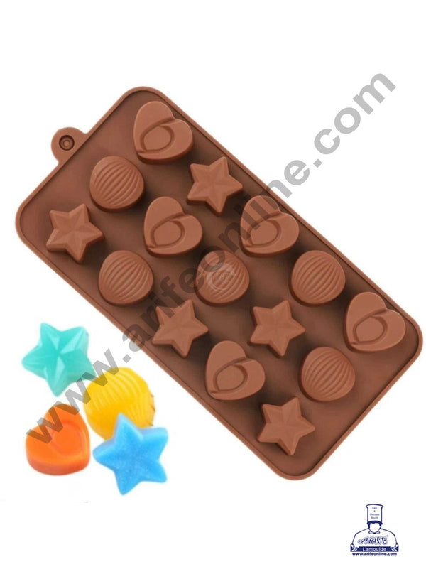 Cake Decor 15-Cavity Hearts,Stars and Shells Shape Silicone Brown chocolate Moulds