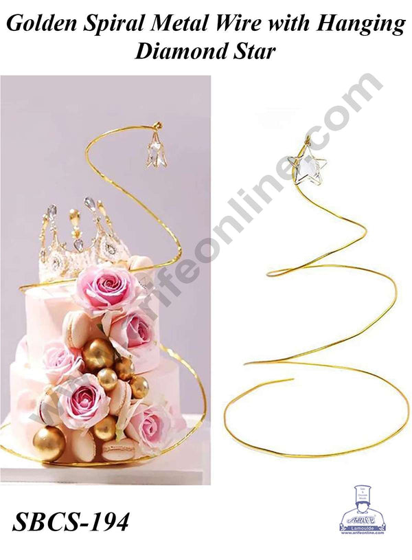 CAKE DECOR™ Golden Spiral Metal Wire with Hanging Diamond Star | Cake Decoration - 1 Piece